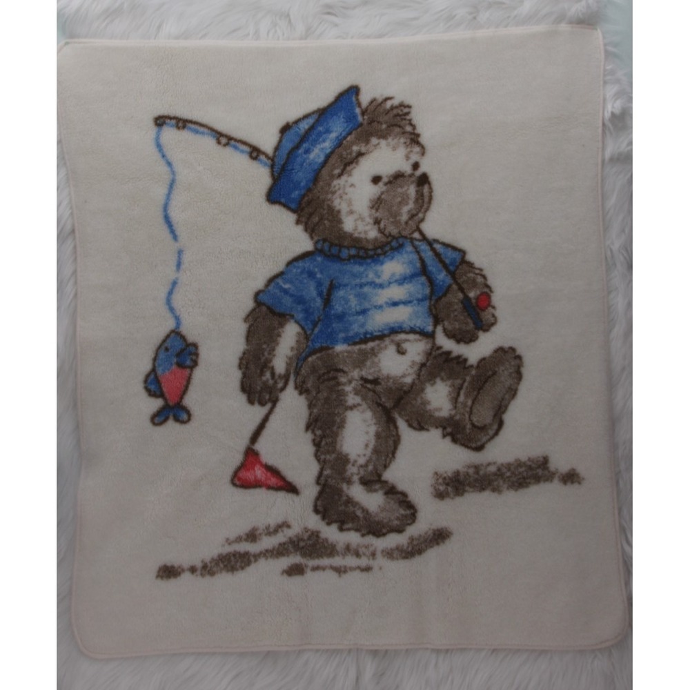 Vintage 90's Lullaby Club Bear Fishing Baby Blanket 40"x34" Y2K